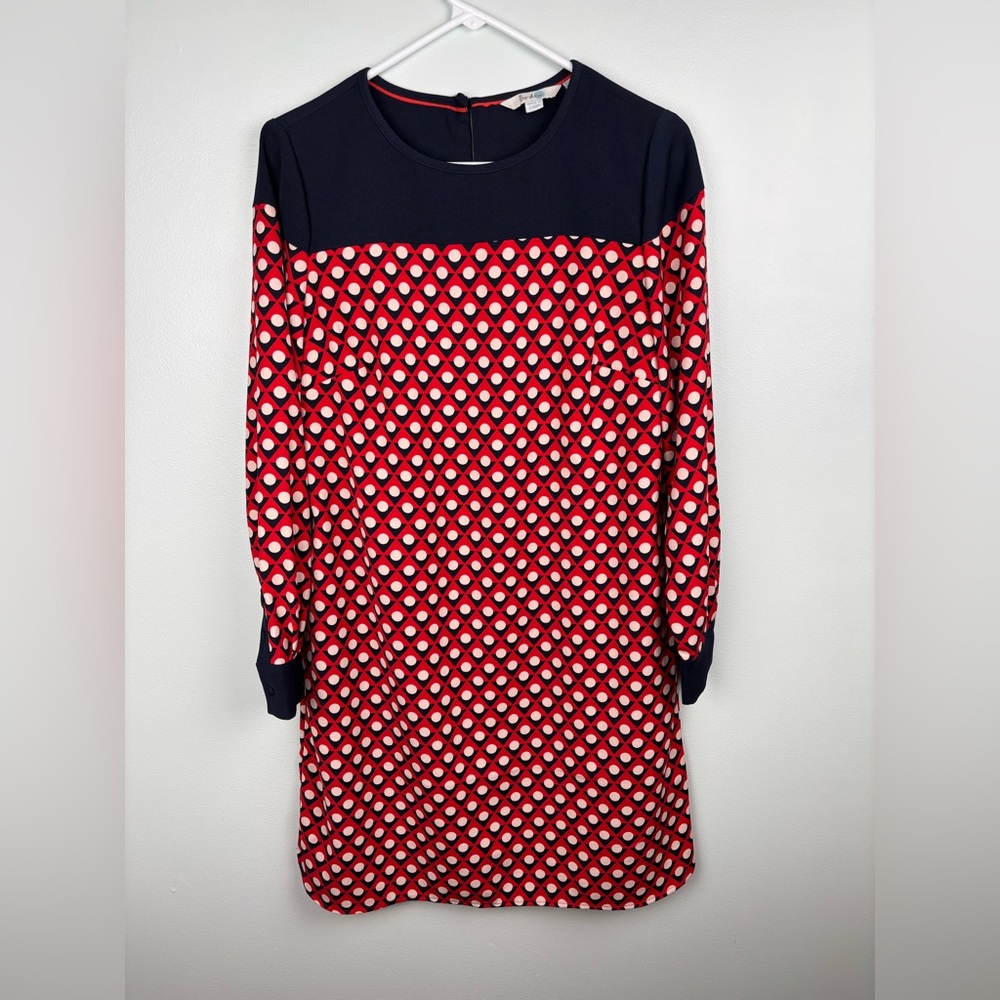 Boden Dress Womens US 8 Red Navy Ursula Geometric Dot Shift Long Sleeve Pockets